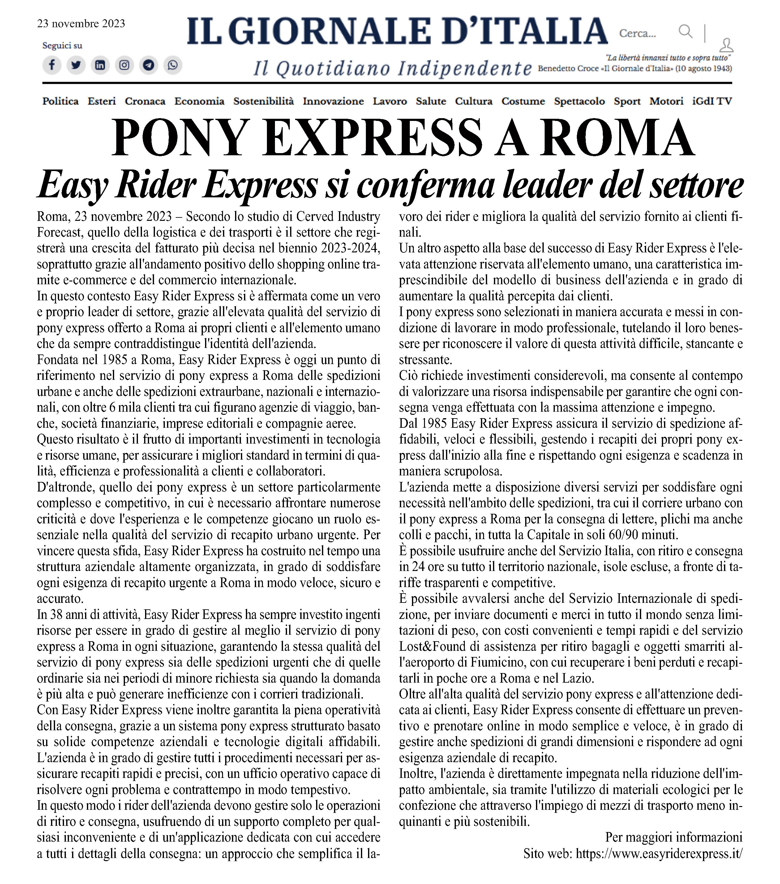 Pony express a Roma: Easy Rider Express si conferma leader del settore