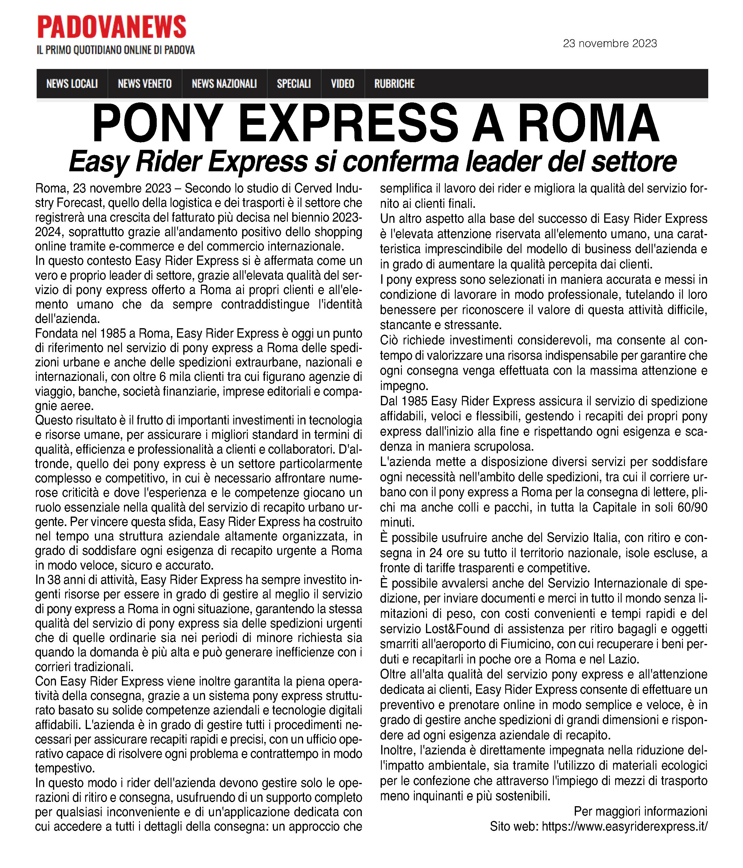 Pony express a Roma: Easy Rider Express si conferma leader del settore